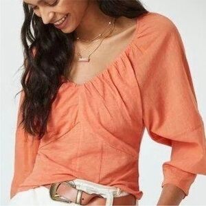 ANTHROPOLOGIE V-Neck Ruched Puff Sleeve Top Size XL Coral Orange Tee